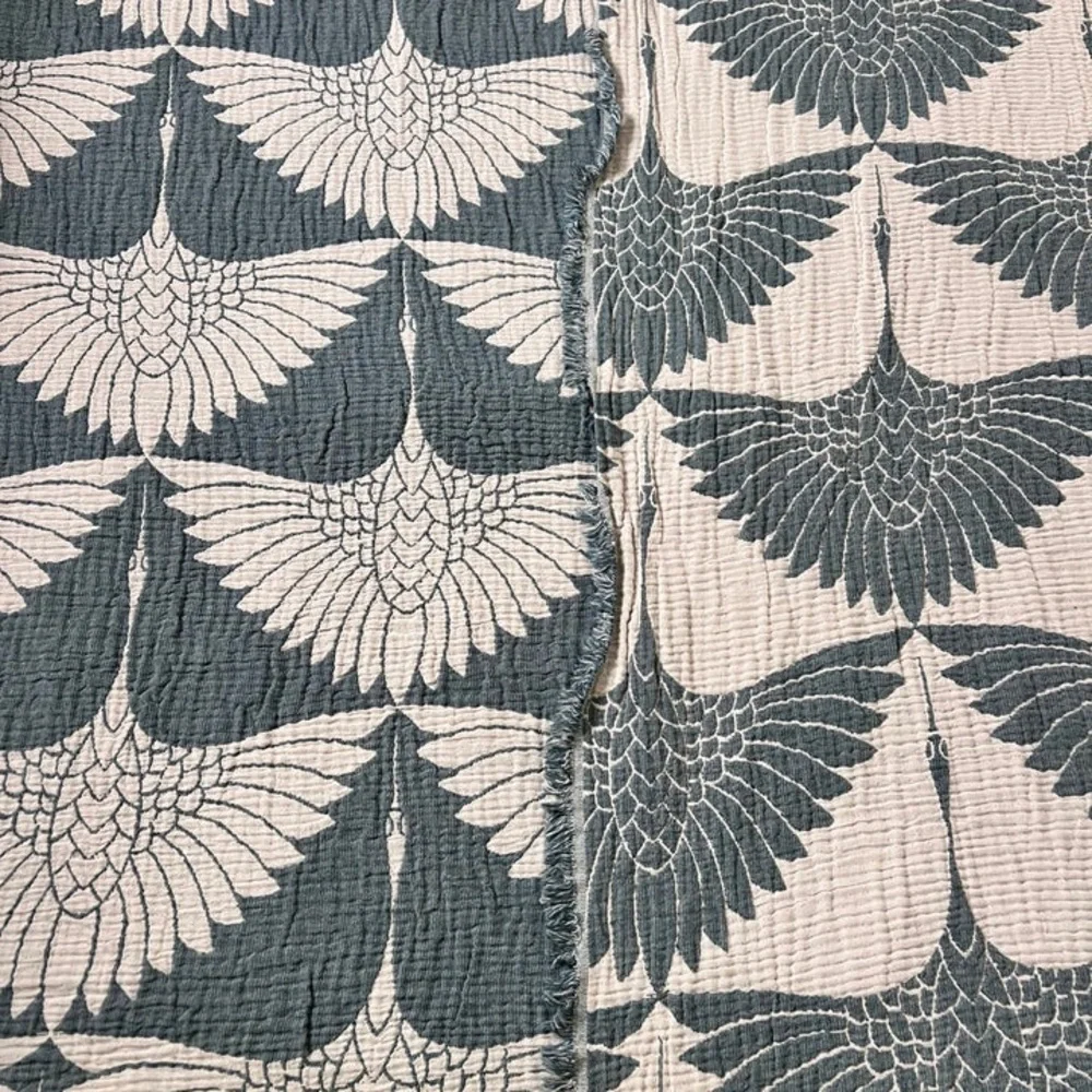 Luxury Bedspread King Organic Muslin Quilted 2 Side FLiPSiDE Peacock Teal Crane